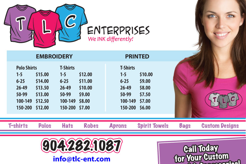TLC Enterprises. We Ink Differently! Embroidery. Printing. Custom Designs.